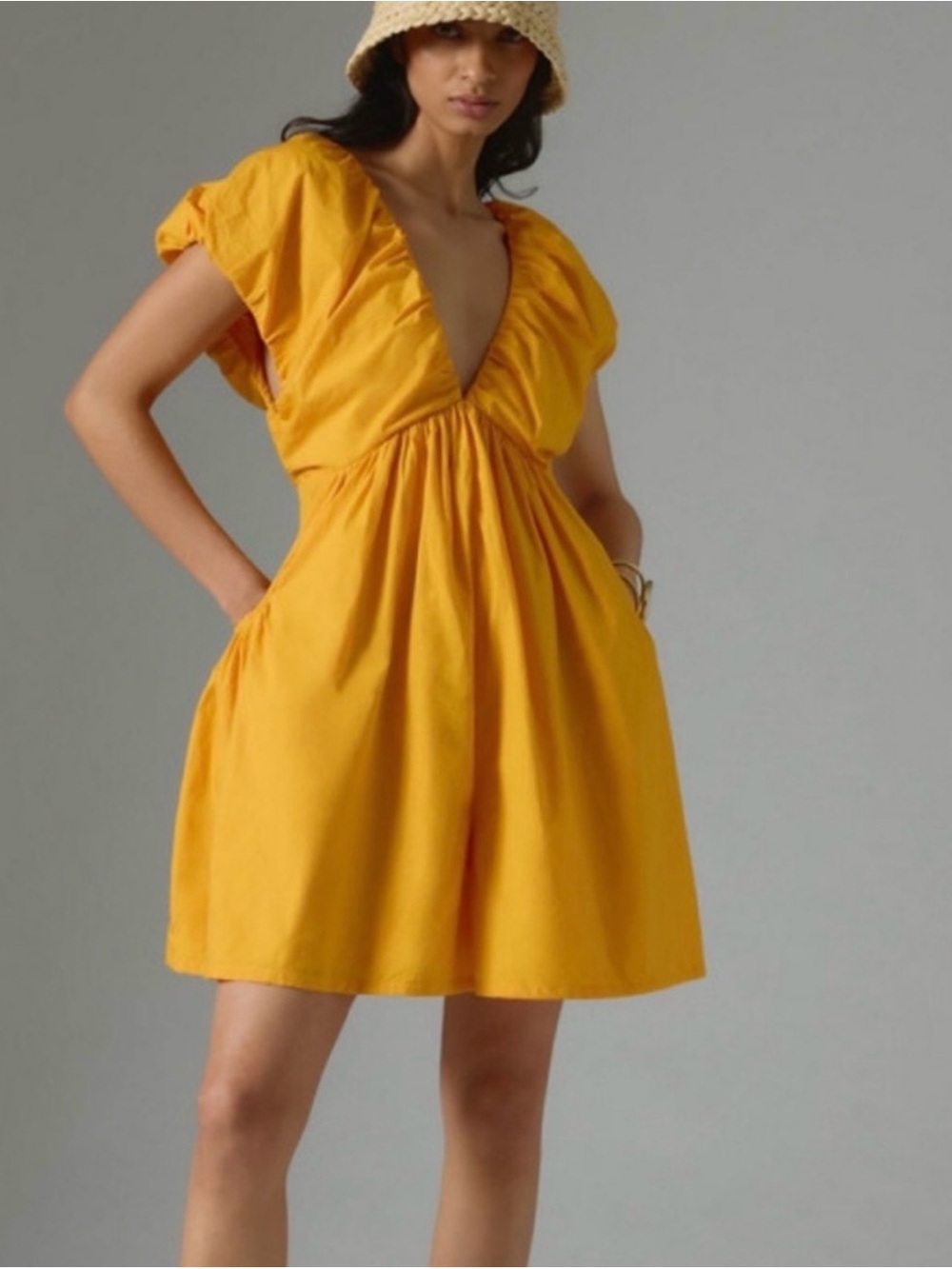 Anthropologie Golden Yellow Plunge V-Neck Short Dress